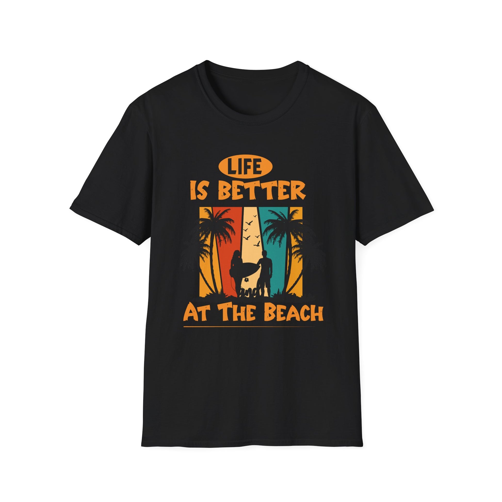 Life Is Better at the Beach T-Shirt — Retro Palm Tree Surf Cat Tee