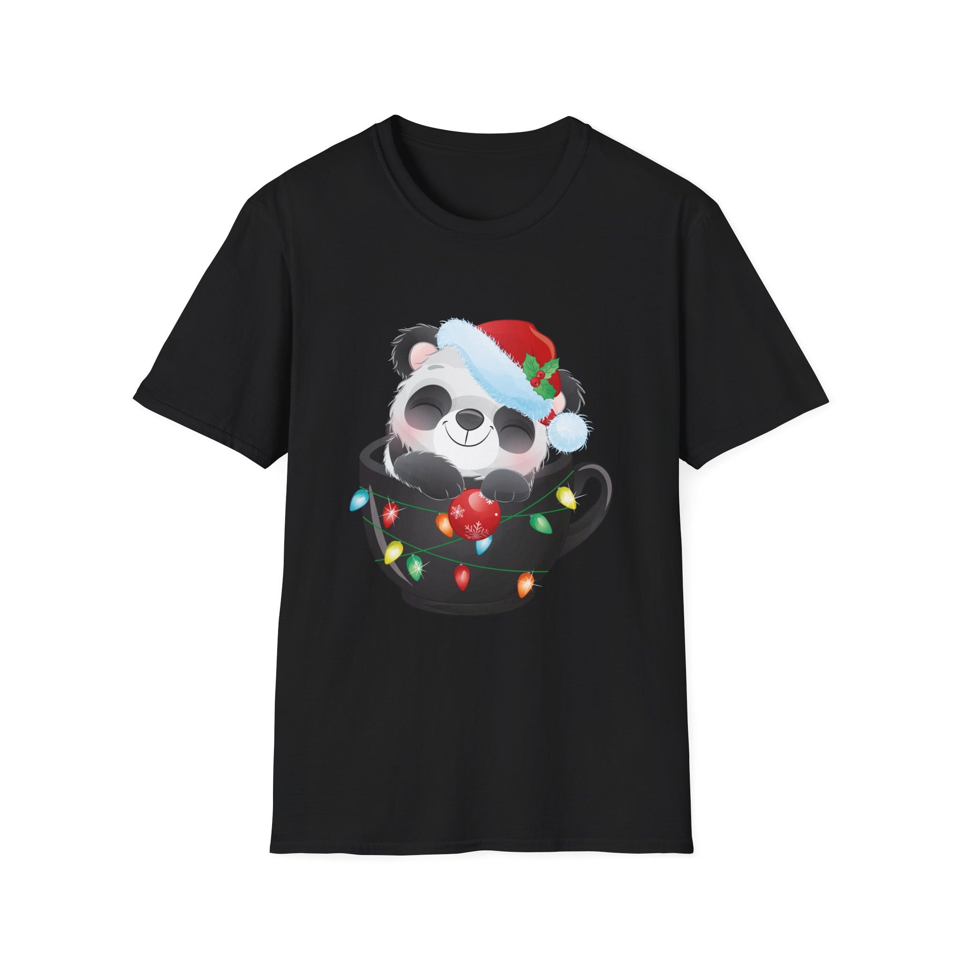 Christmas Panda Tee — Cute Panda in Santa Hat with Holiday Lights