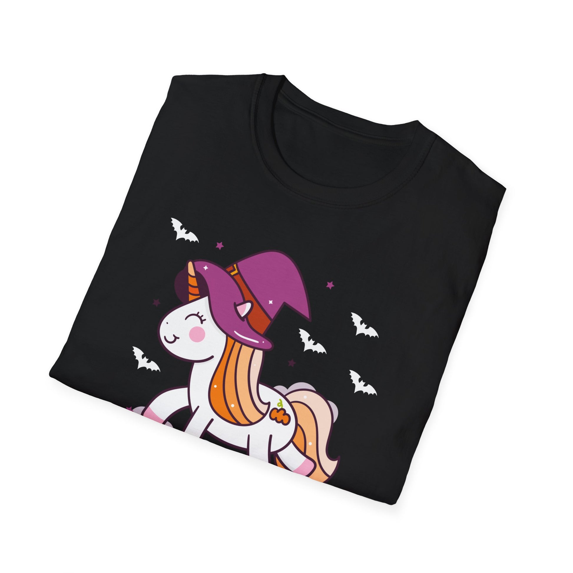 Happy Halloween Unicorn T-Shirt — Cute Witch Hat Unicorn with Bats & Skull