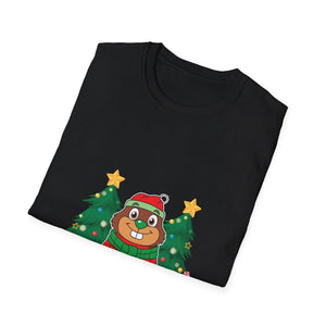 Christmas Groundhog T-Shirt — Cute Festive Groundhog in Scarf with Decorated Trees