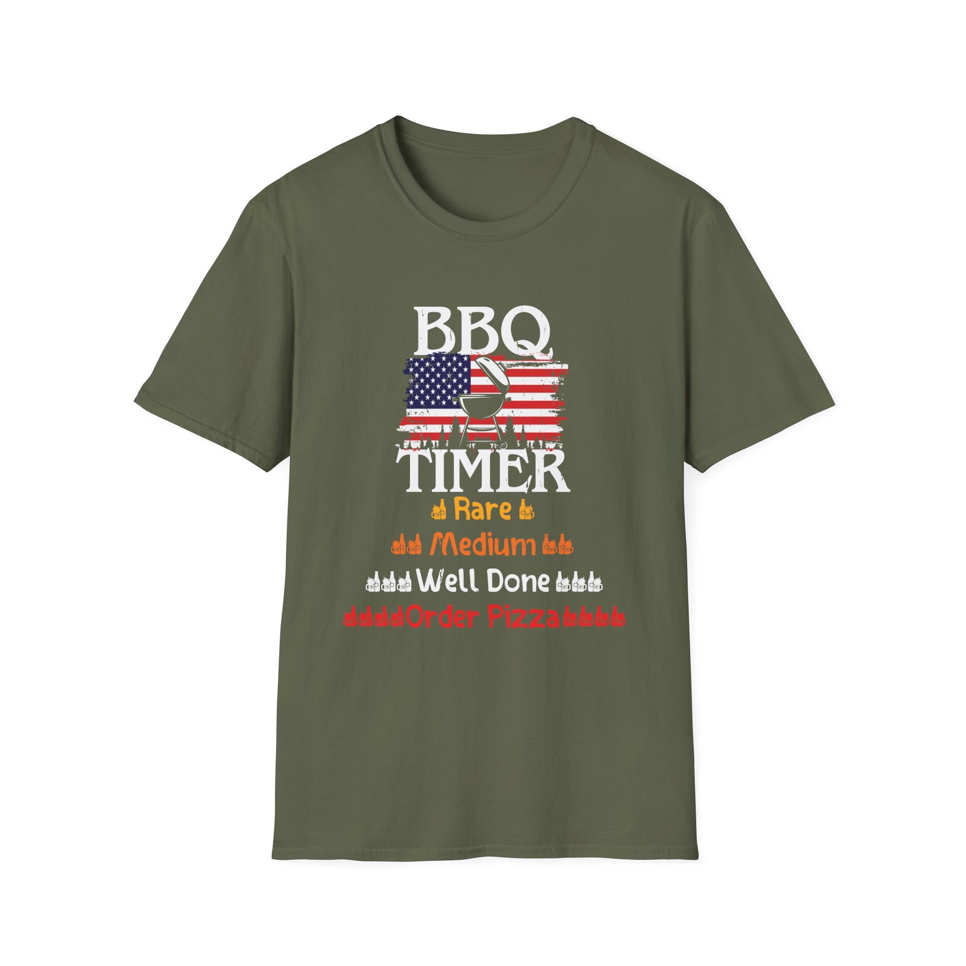 BBQ Timer T-Shirt – Funny Grilling Shirt with American Flag & Doneness Levels (Rare, Medium, Well Done)