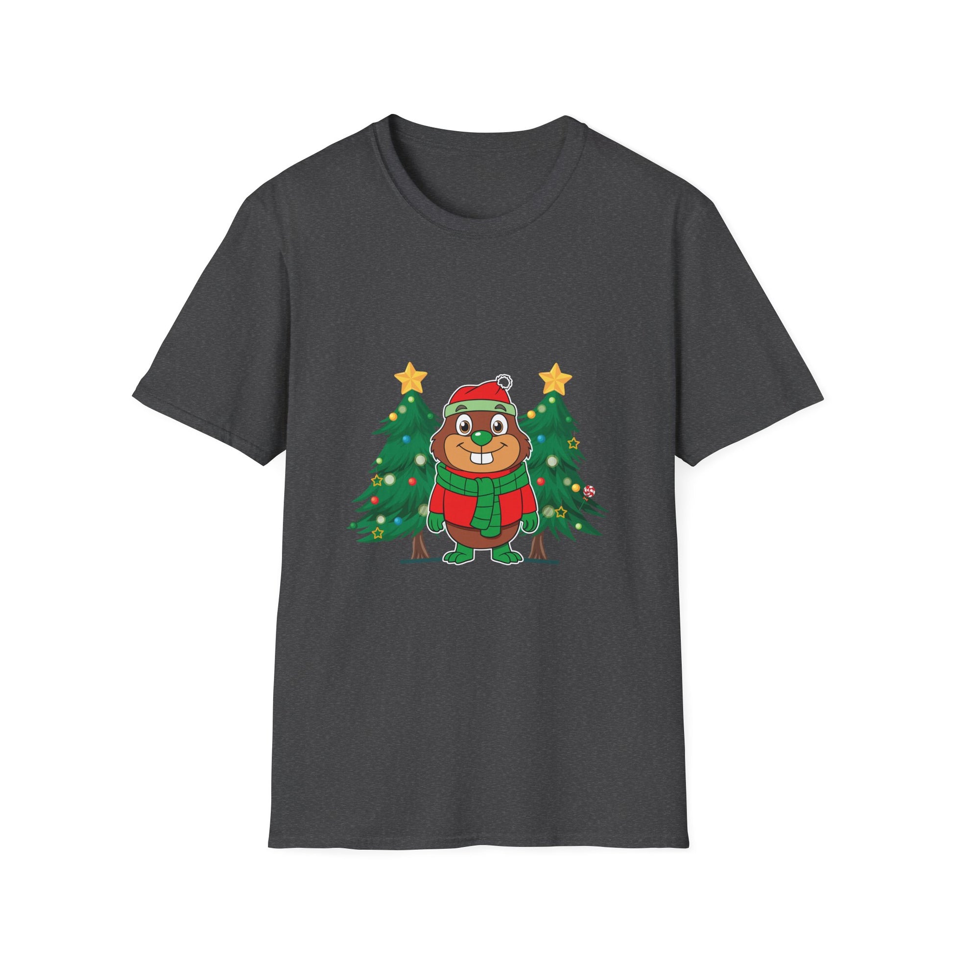 Christmas Groundhog T-Shirt — Cute Festive Groundhog in Scarf with Decorated Trees