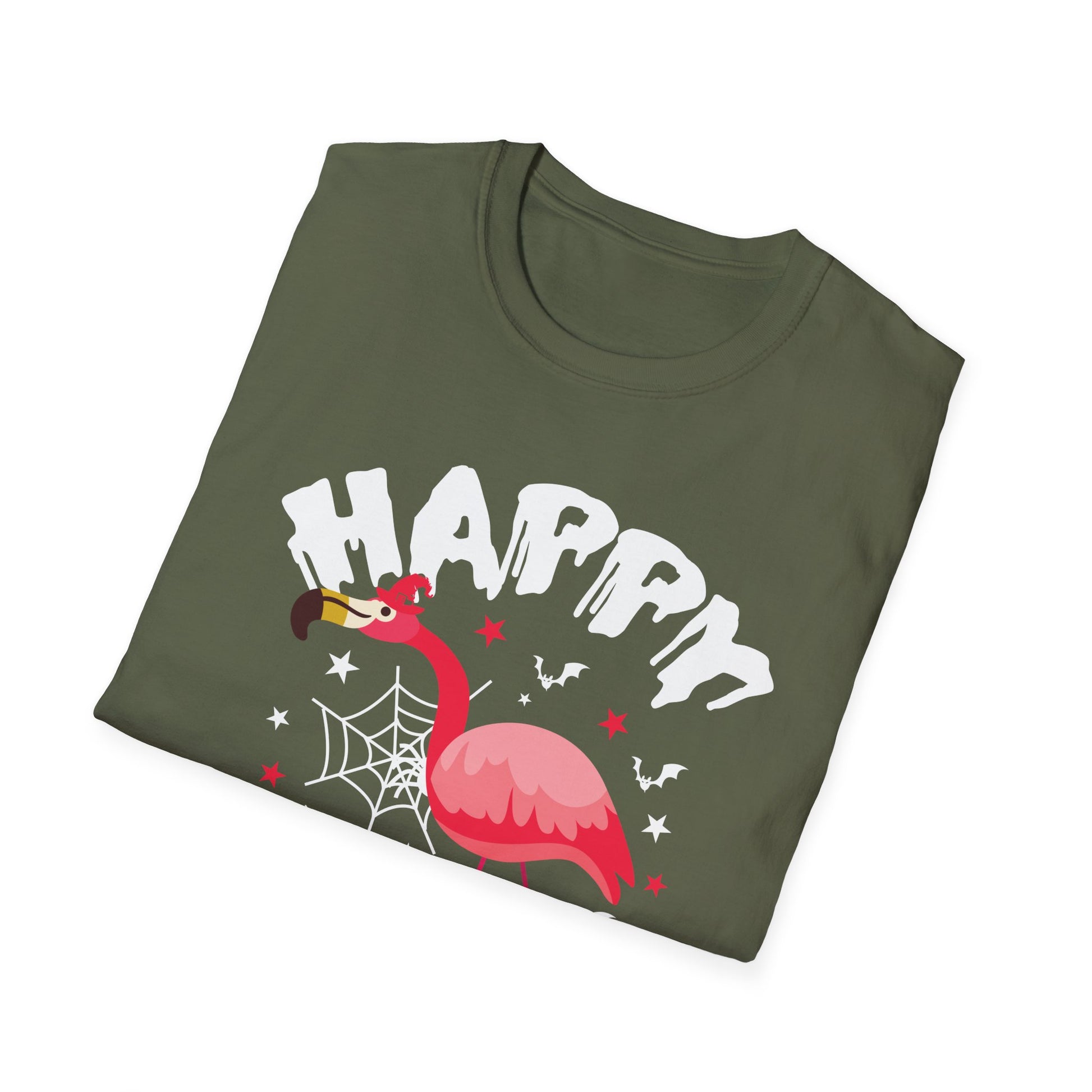 Happy Halloween Flamingo T-Shirt – Cute Spooky Pink Flamingo with Spiderweb & Bats