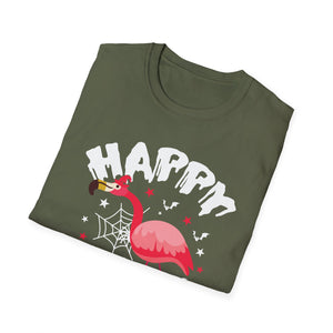 Happy Halloween Flamingo T-Shirt – Cute Spooky Pink Flamingo with Spiderweb & Bats