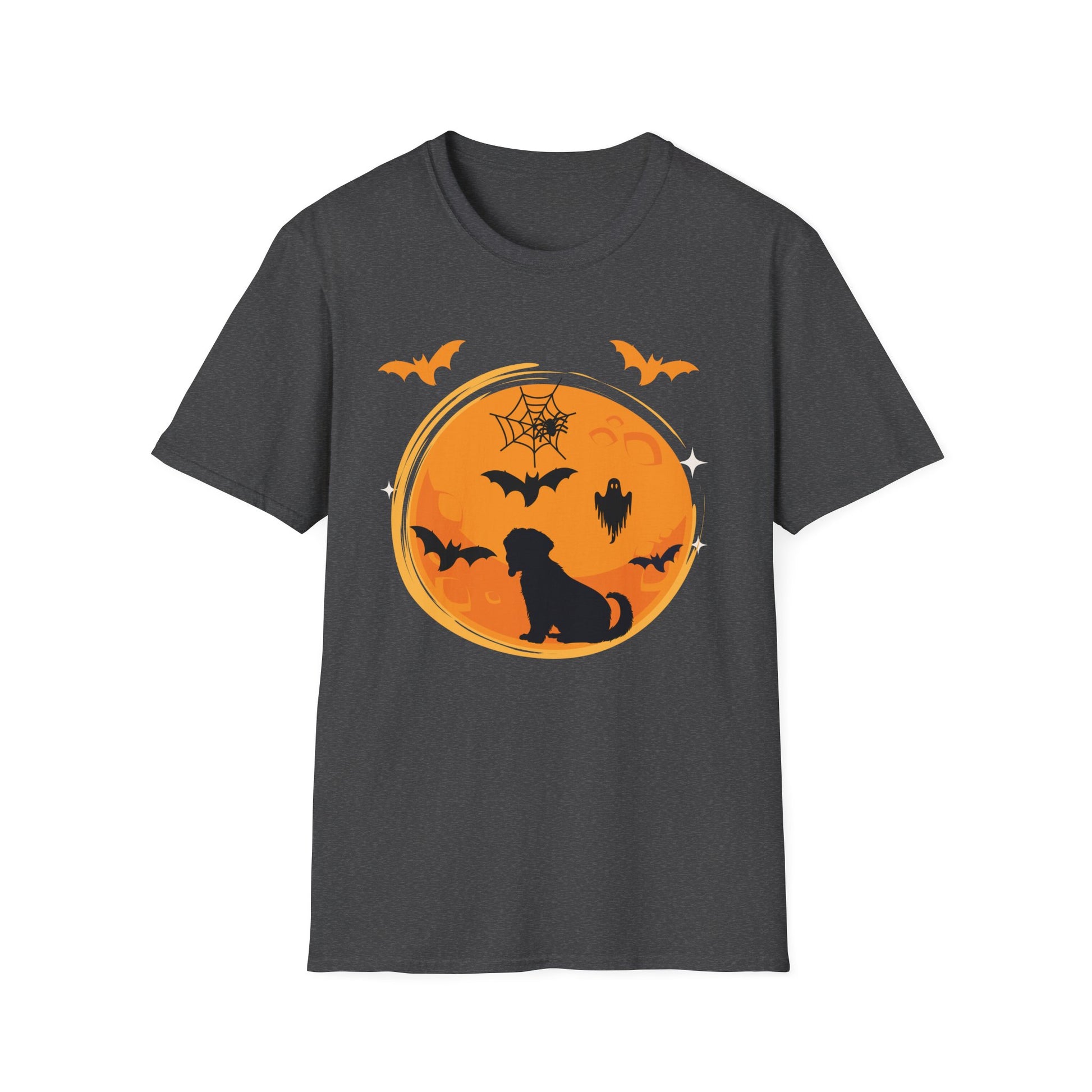Halloween Dog T-Shirt — Black Moon, Bats & Spiderweb Graphic