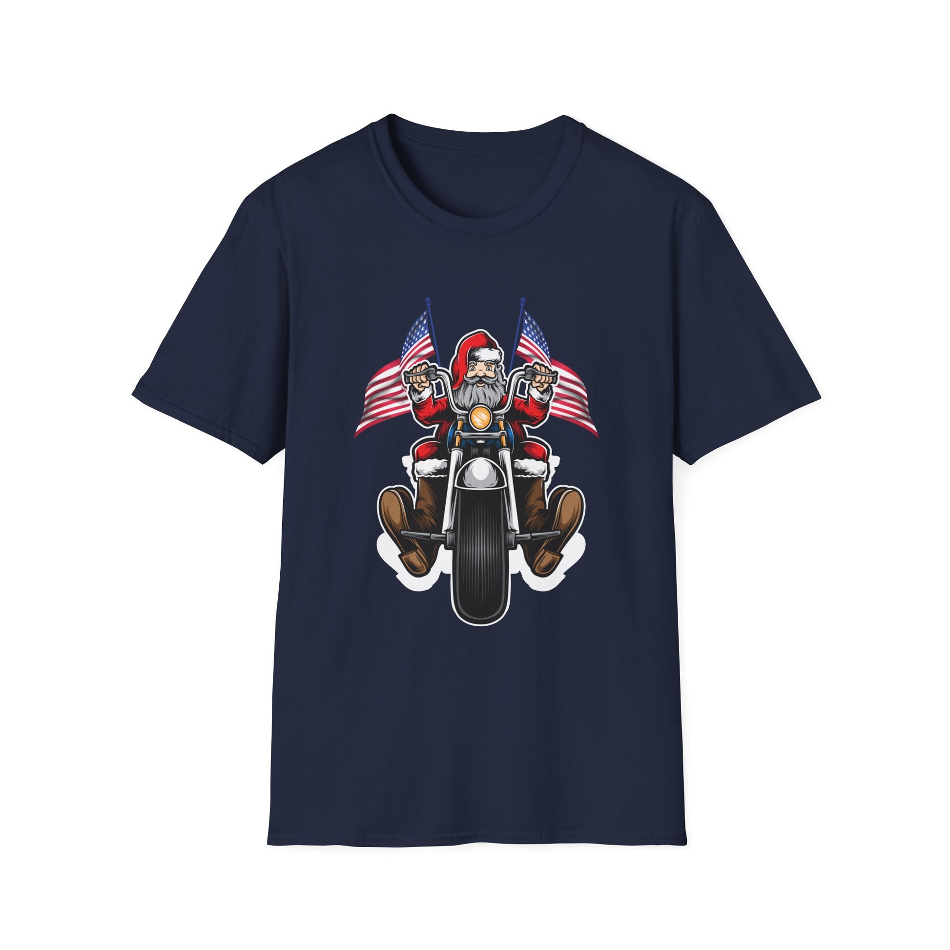 Santa Riding Motorcycle on Christmas - Biker US Flag Unisex Softstyle T-Shirt