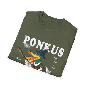 Ponkus Honkus Duck Witch T‑Shirt — Funny Halloween Broomstick Duck Tee