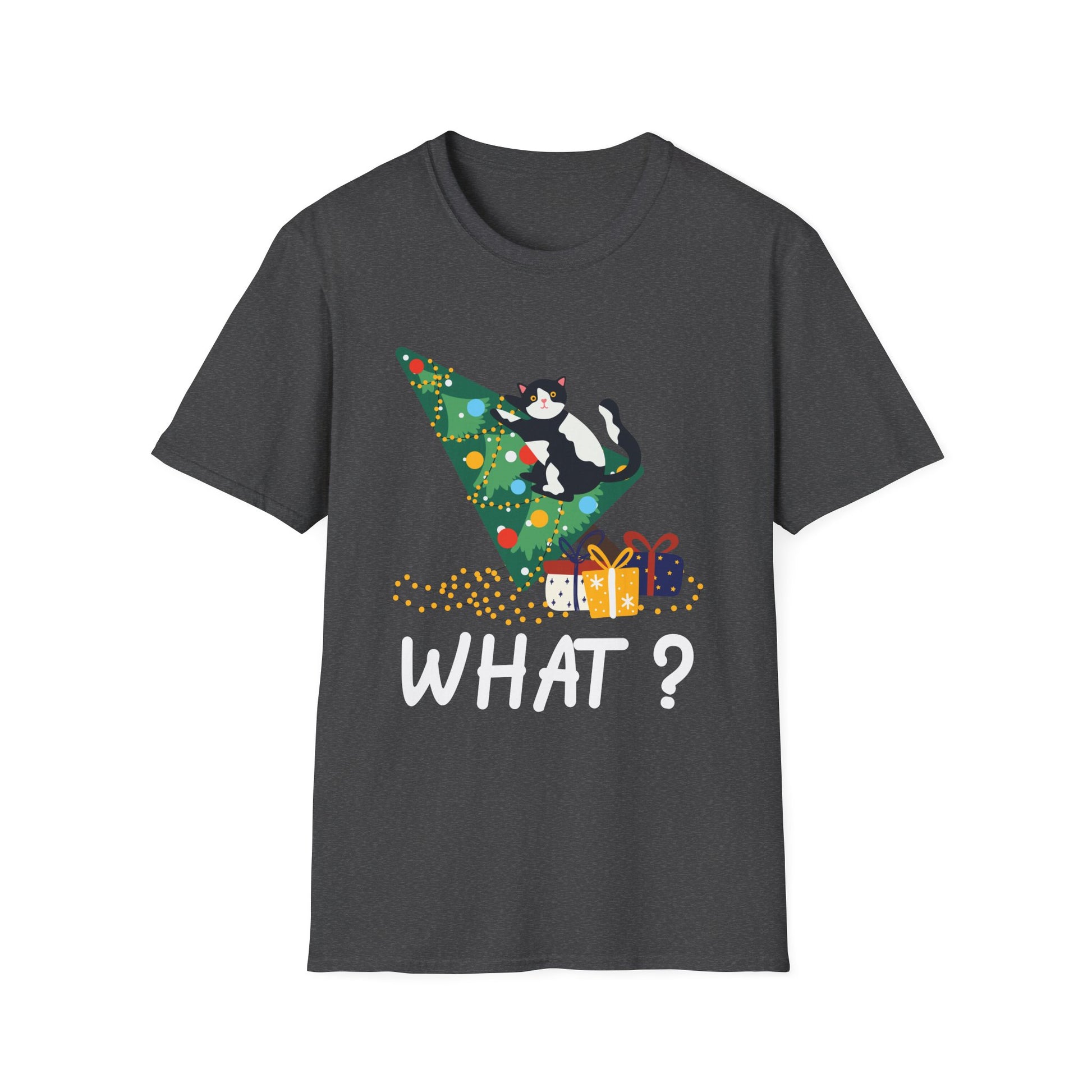 Christmas Cat T‑Shirt — 'WHAT?' Funny Holiday Cat Knocked Over Tree Tee