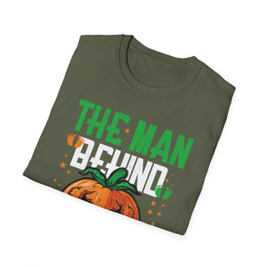 Mens The Man Behind The Pumpkin Dad Halloween Pregnancy Reveal  Unisex Softstyle T-Shirt