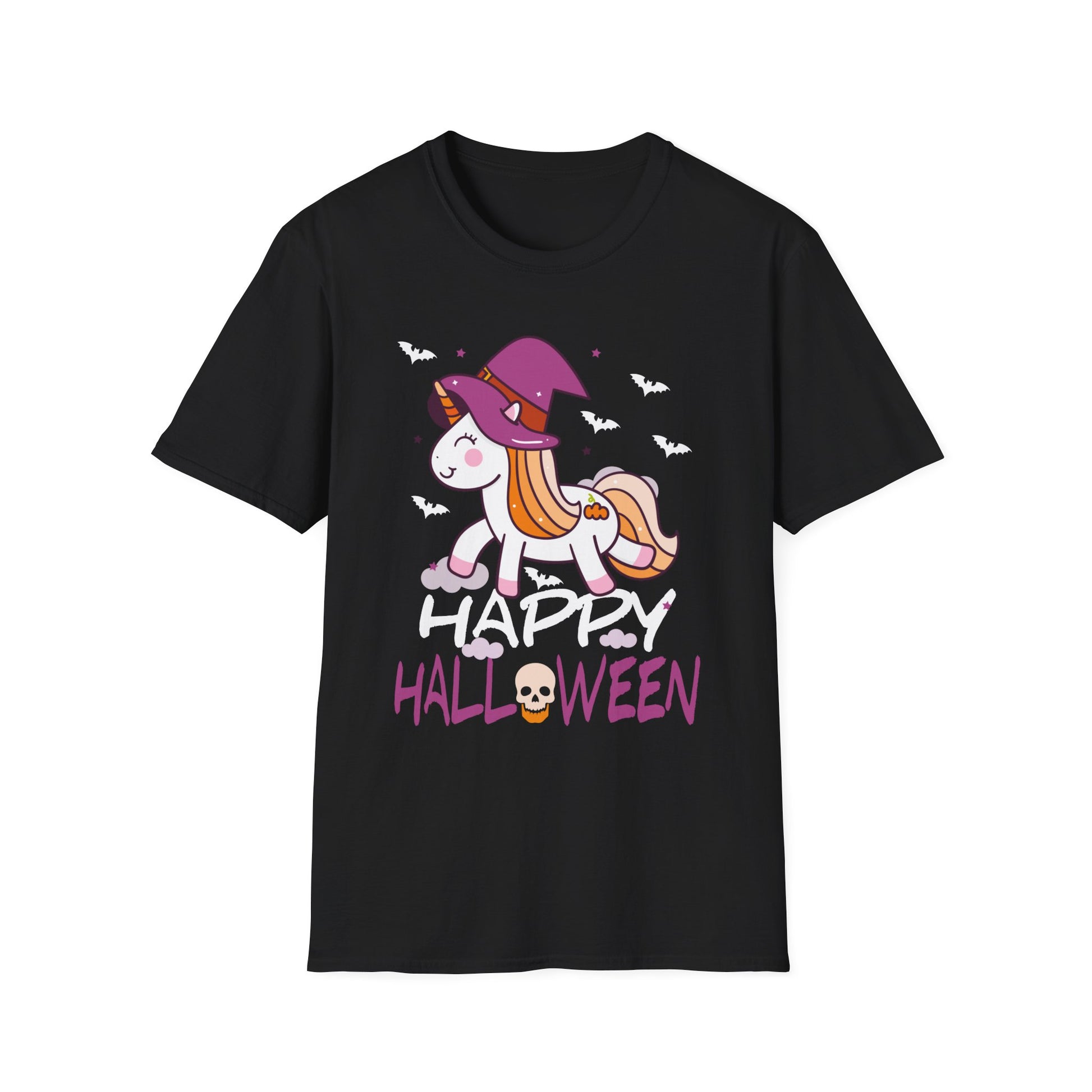 Happy Halloween Unicorn T-Shirt — Cute Witch Hat Unicorn with Bats & Skull