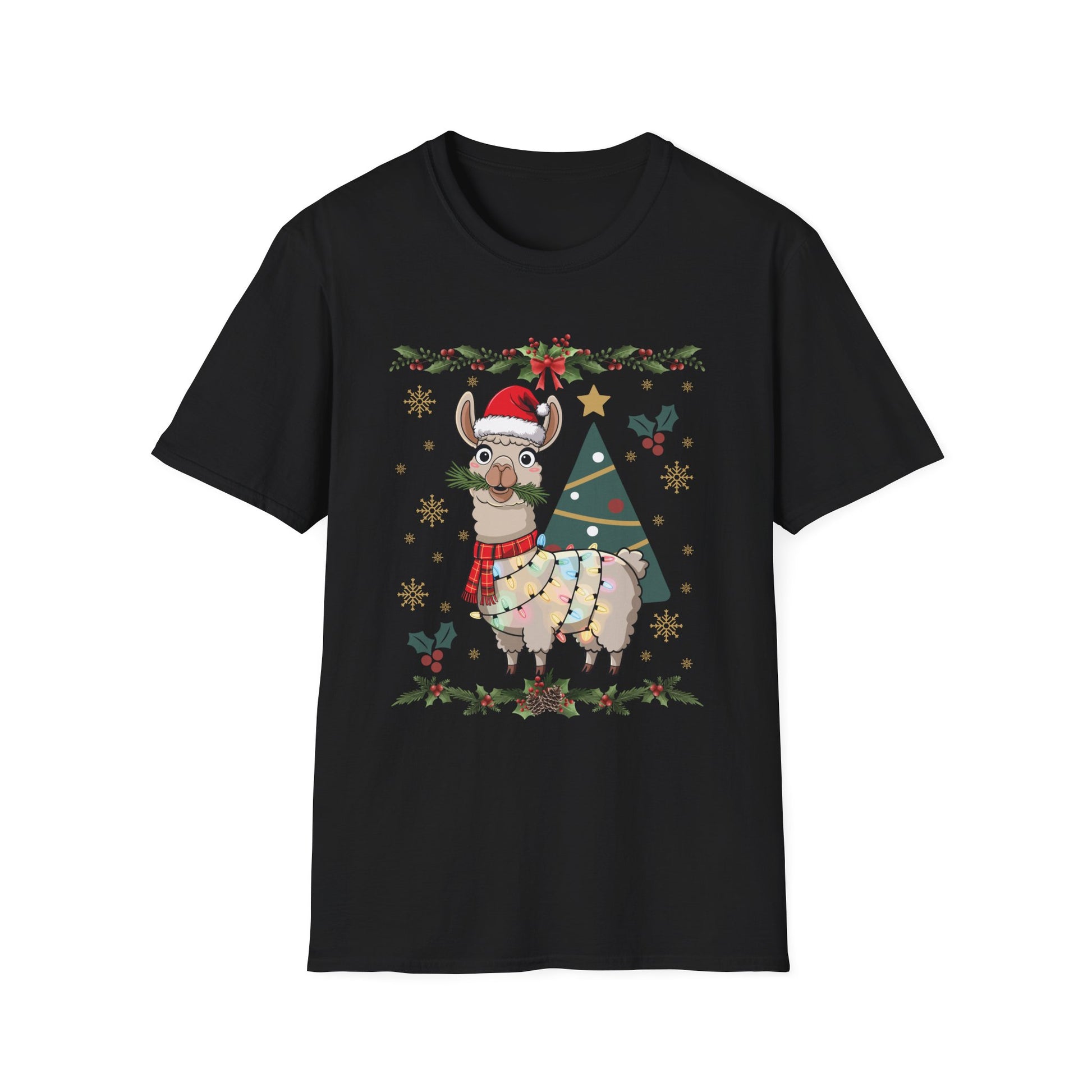 Christmas Llama T-Shirt — Festive Holiday Alpaca with Lights & Tree