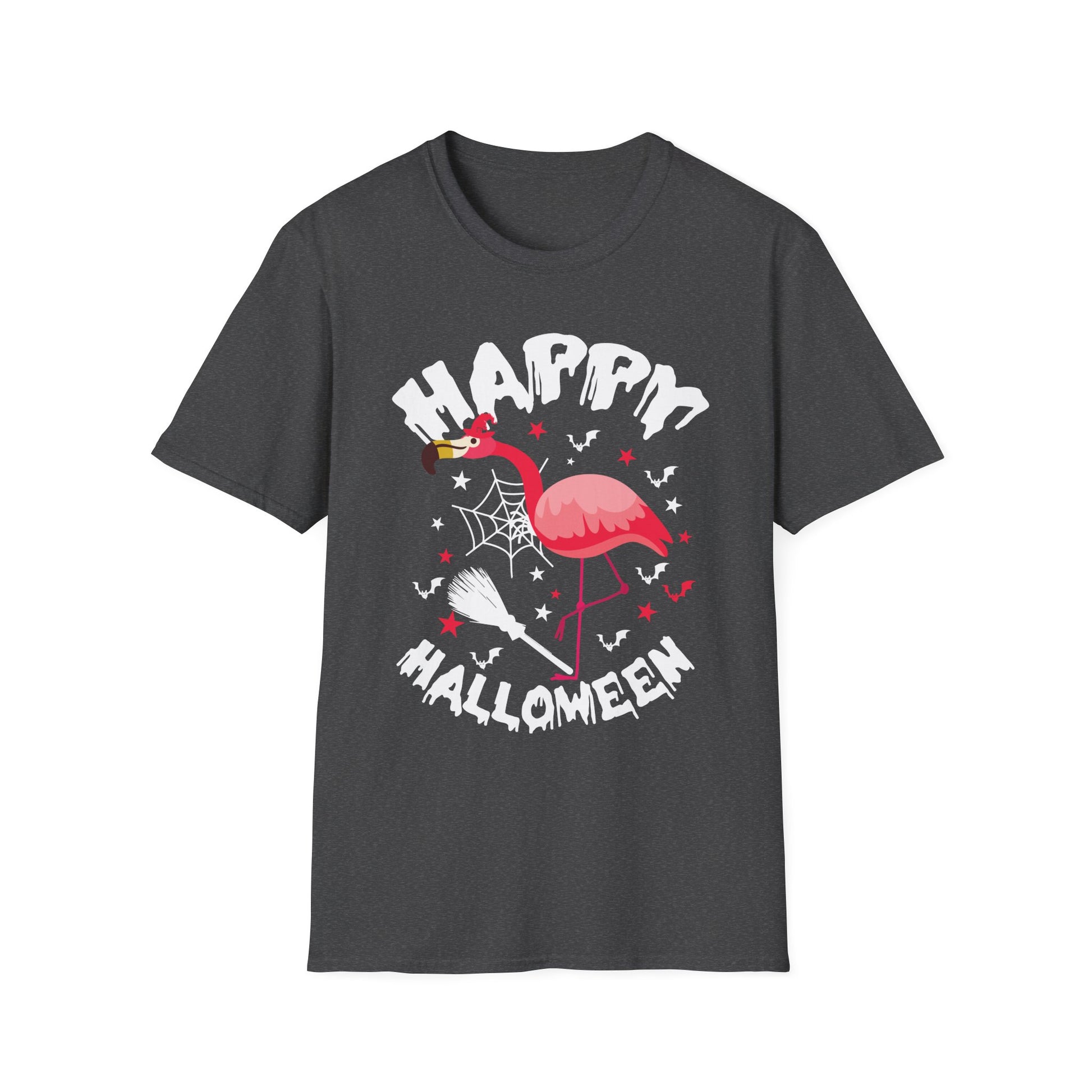 Happy Halloween Flamingo T-Shirt – Cute Spooky Pink Flamingo with Spiderweb & Bats