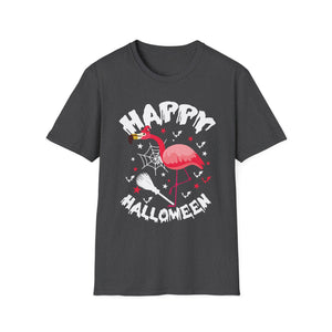 Happy Halloween Flamingo T-Shirt – Cute Spooky Pink Flamingo with Spiderweb & Bats