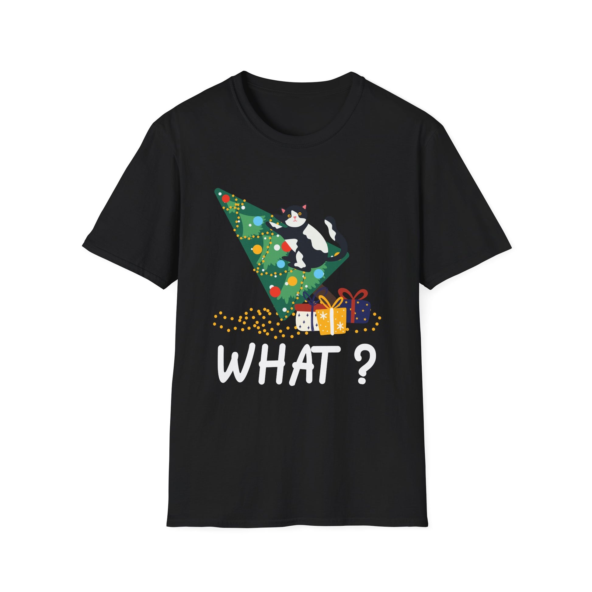 Christmas Cat T‑Shirt — 'WHAT?' Funny Holiday Cat Knocked Over Tree Tee