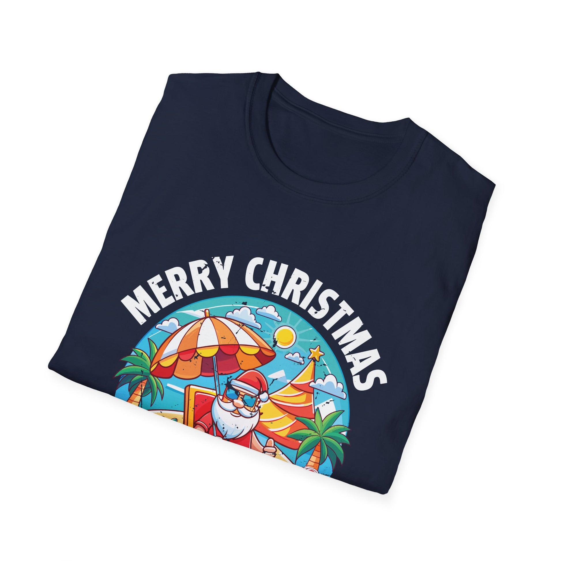 Merry Christmas in July T-Shirt – Santa on the Beach Graphic Tee