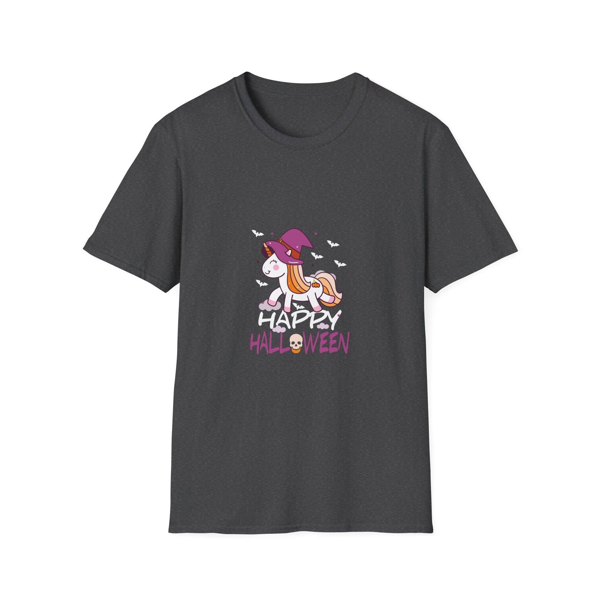 Happy Halloween Unicorn T-Shirt — Cute Witch Hat Unicorn with Bats & Skull