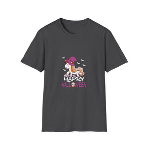 Happy Halloween Unicorn T-Shirt — Cute Witch Hat Unicorn with Bats & Skull