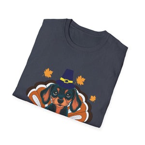 Thanksgiving Dachshund T-Shirt — Cute Turkey Costume Pup with Witch Hat & Autumn Leaves  Unisex T-Shirt