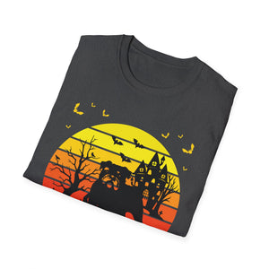 Halloween Sunset Haunted House T-Shirt — Spooky Castle & Bats Tee