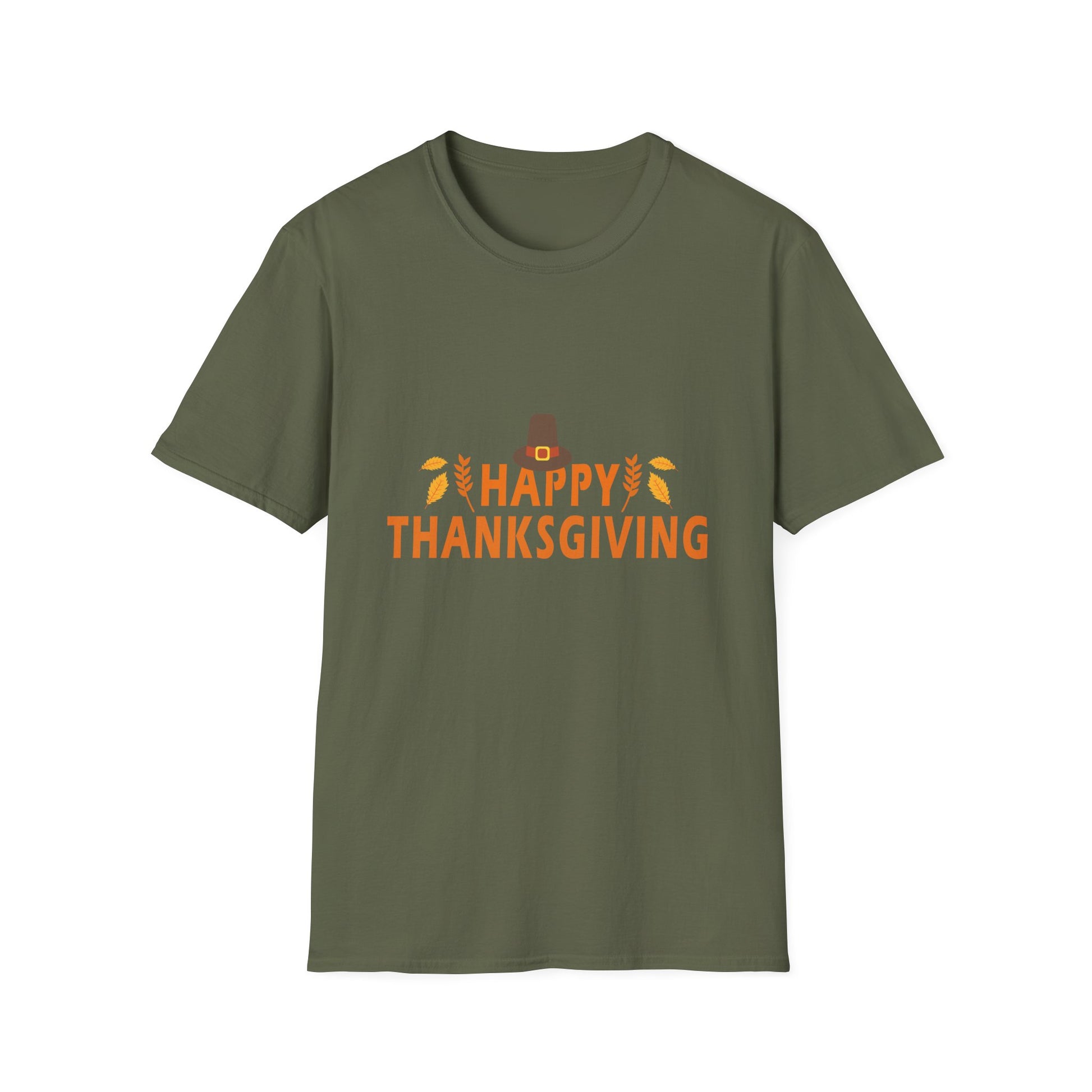 Thanksgiving T-Shirt — "Happy Thanksgiving" Pilgrim Hat & Leaves Holiday Tee