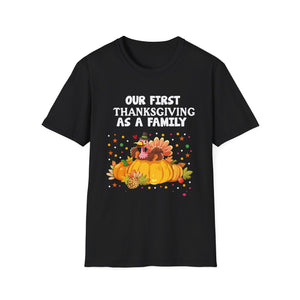 Thanksgiving T-Shirt — “Our First Thanksgiving as a Family” Fall Pumpkin Turkey Tee