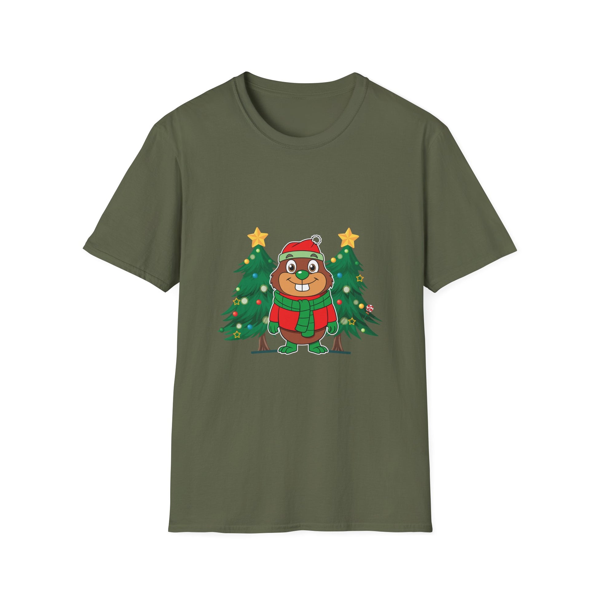 Christmas Groundhog T-Shirt — Cute Festive Groundhog in Scarf with Decorated Trees