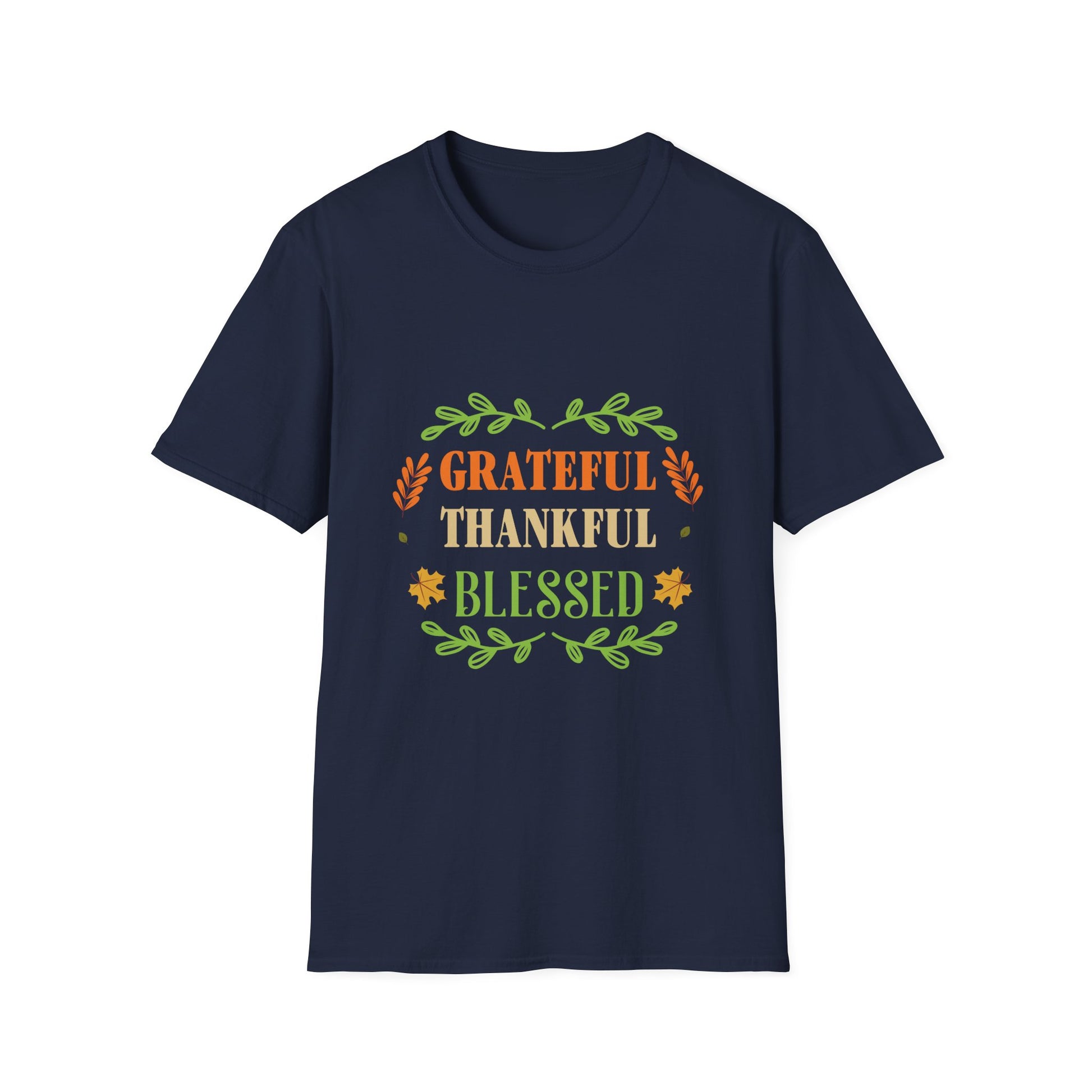 Grateful Thankful Blessed T‑Shirt — Thanksgiving Fall Shirt with Autumn Leaf Design  Unisex T-Shirt