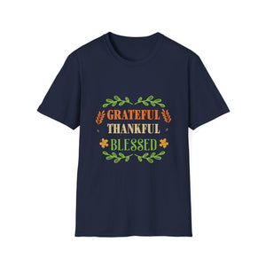 Grateful Thankful Blessed T‑Shirt — Thanksgiving Fall Shirt with Autumn Leaf Design  Unisex T-Shirt