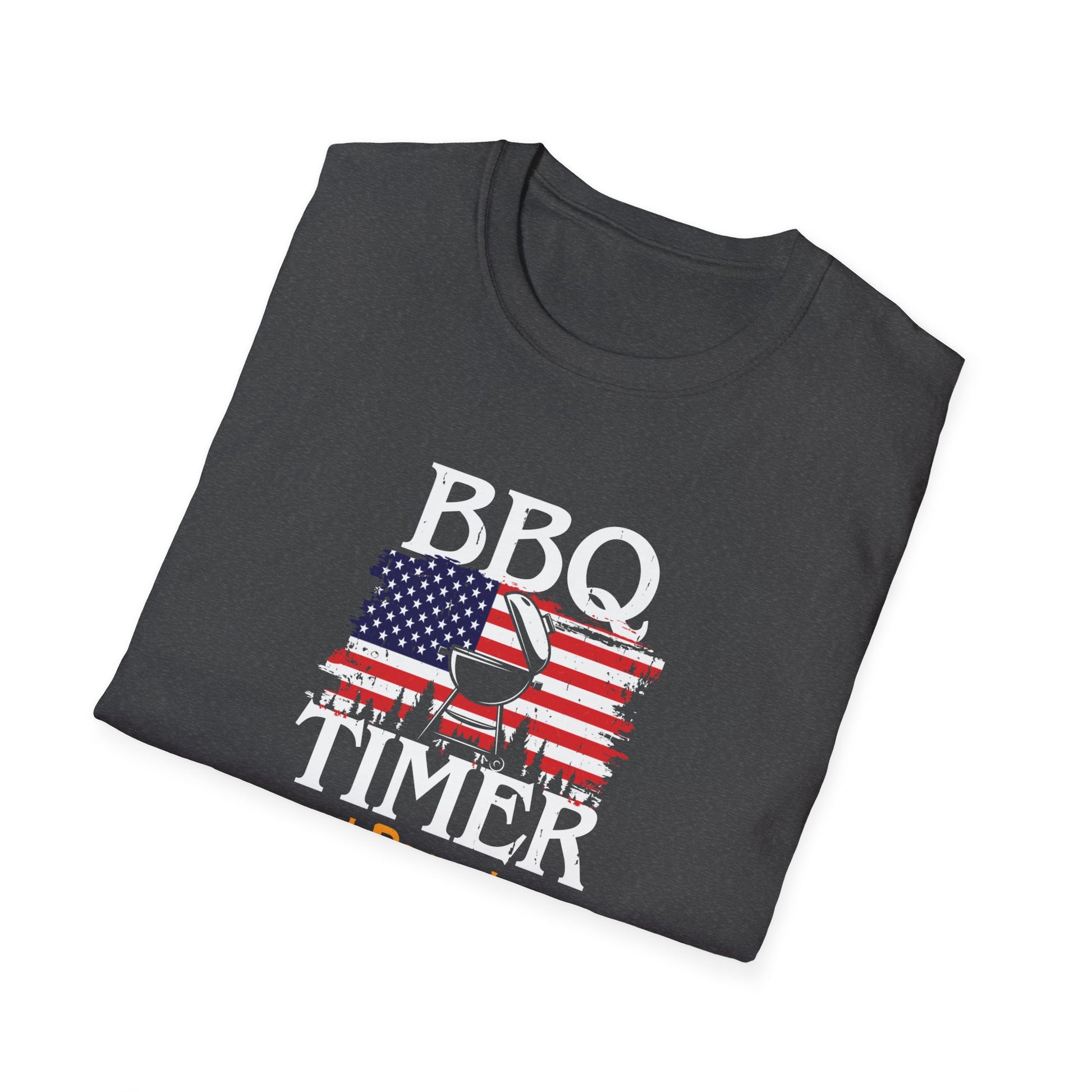 BBQ Timer T-Shirt – Funny Grilling Shirt with American Flag & Doneness Levels (Rare, Medium, Well Done)