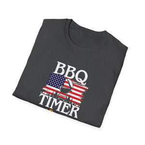 BBQ Timer T-Shirt – Funny Grilling Shirt with American Flag & Doneness Levels (Rare, Medium, Well Done)