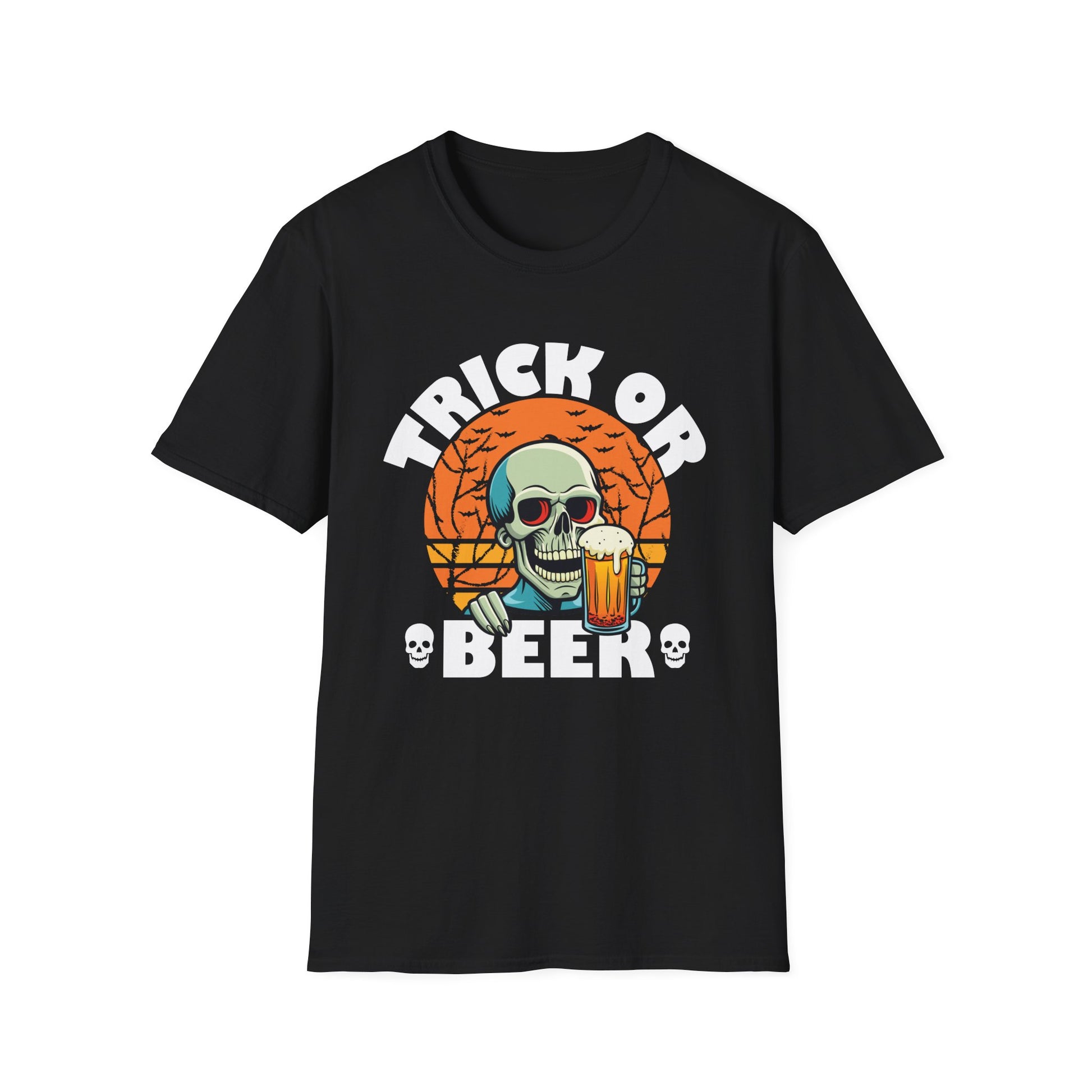 Trick or Beer T-Shirt — Halloween Skull Drinking Beer Graphic Tee