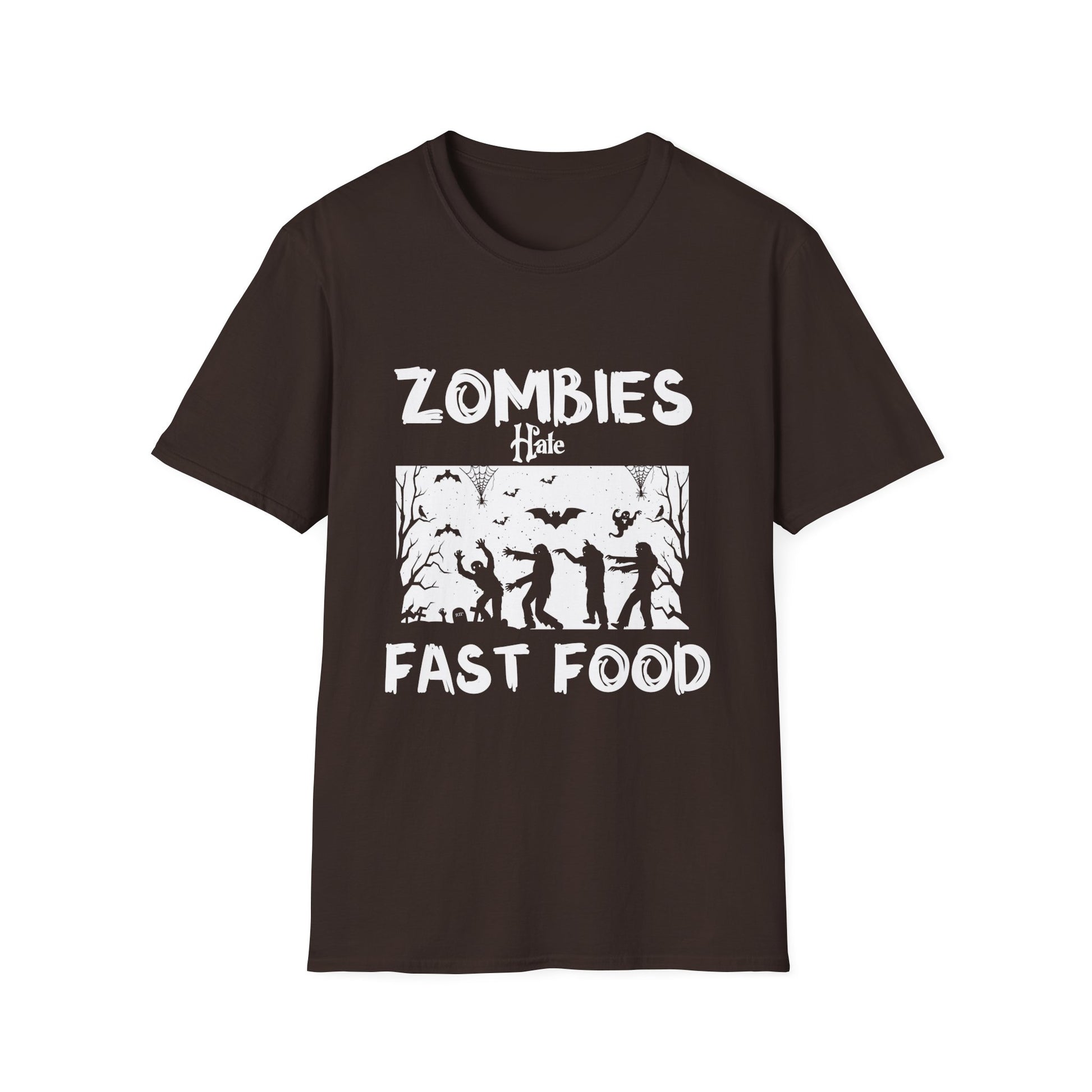 Zombies hate fast food Halloween Fan Funny Halloween T-Shirt-productor-mockup