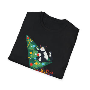 Christmas Cat T‑Shirt — 'WHAT?' Funny Holiday Cat Knocked Over Tree Tee