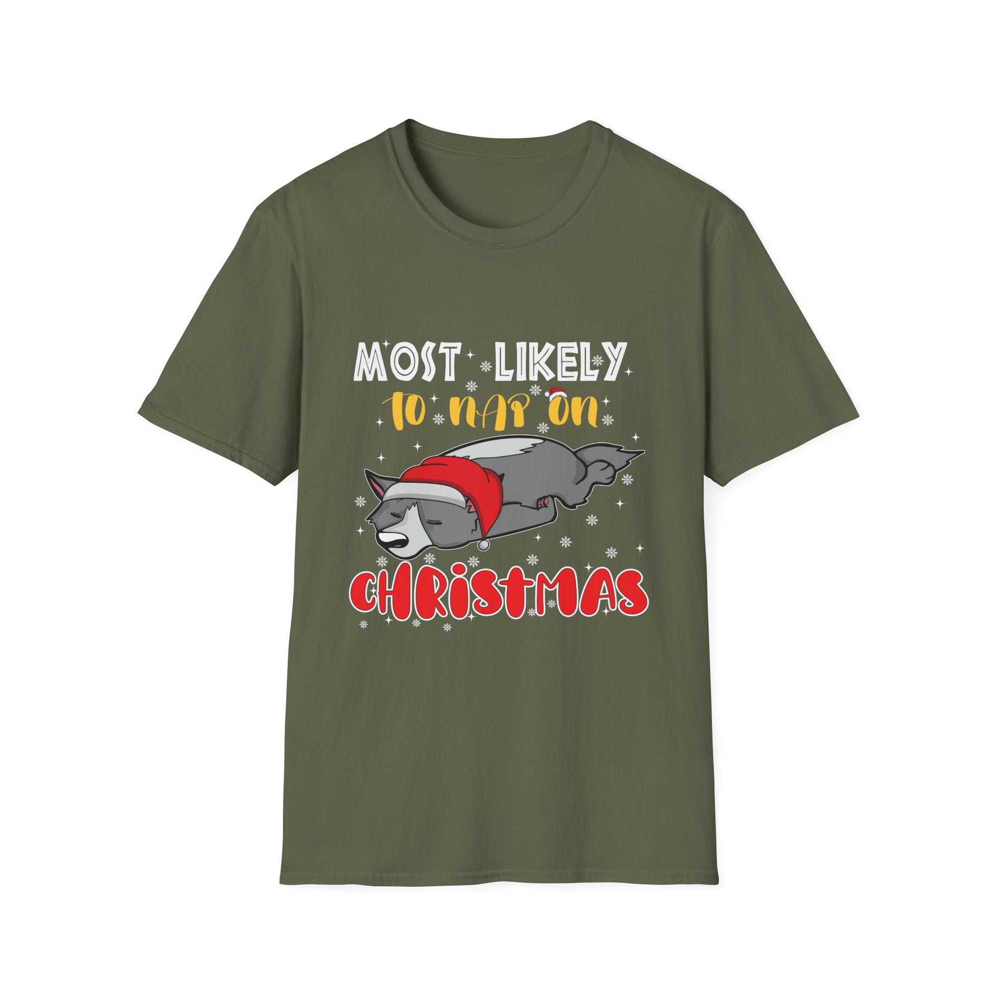 Most Likely To Nap On Christmas Funny Family Christmas Unisex Softstyle T-Shirt