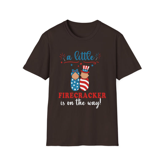 Baby Shower T-Shirt – “A Little Firecracker Is On The Way” Patriotic 4th of July Pregnancy Tee