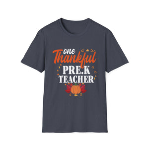 One Thankful Pre-K Teacher T-Shirt — Thanksgiving Teacher Tee with Pumpkin & Leaves  Unisex T-Shirt