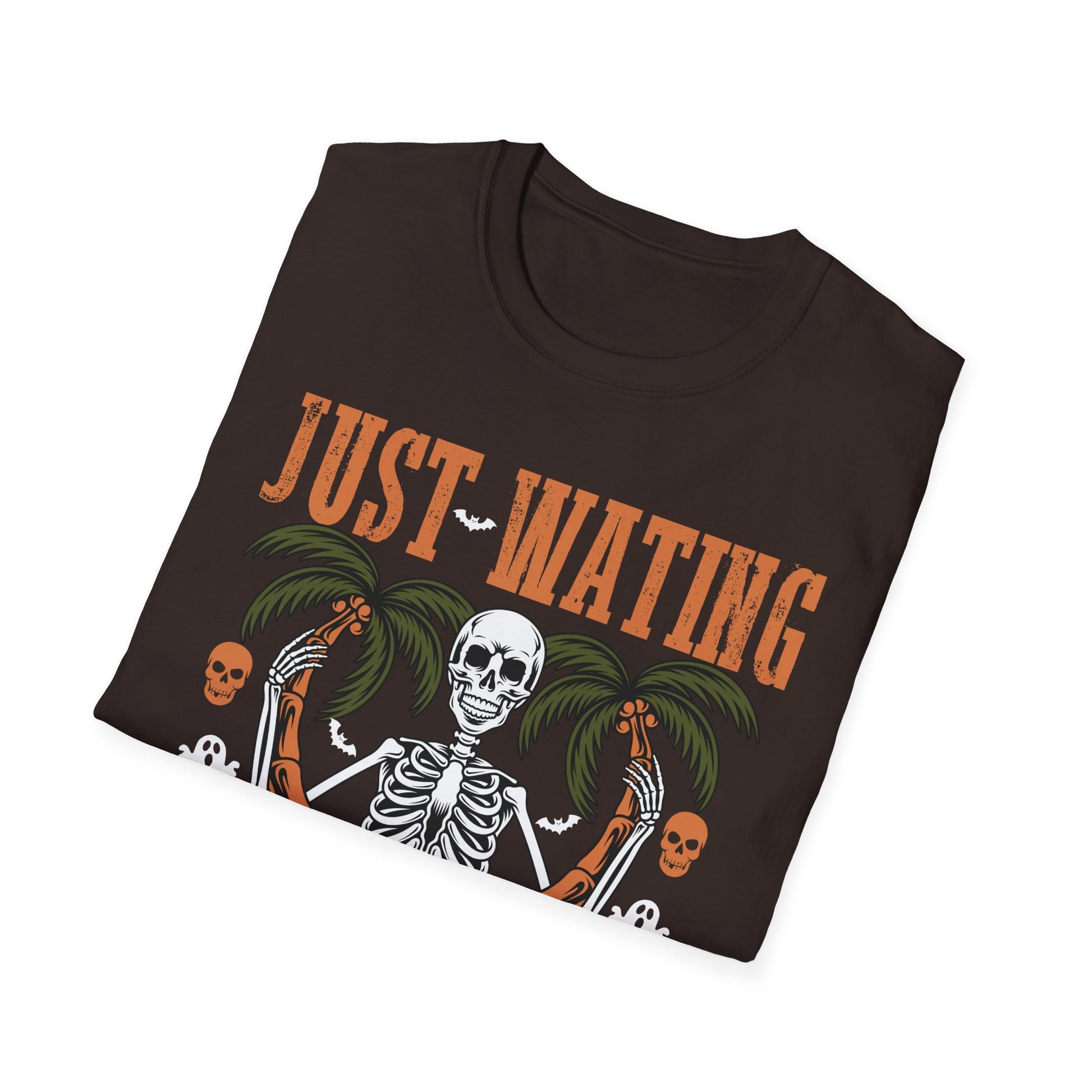 Halloween Skeleton Palm Tree T-Shirt — "Just Waiting Halloween" Graphic Tee