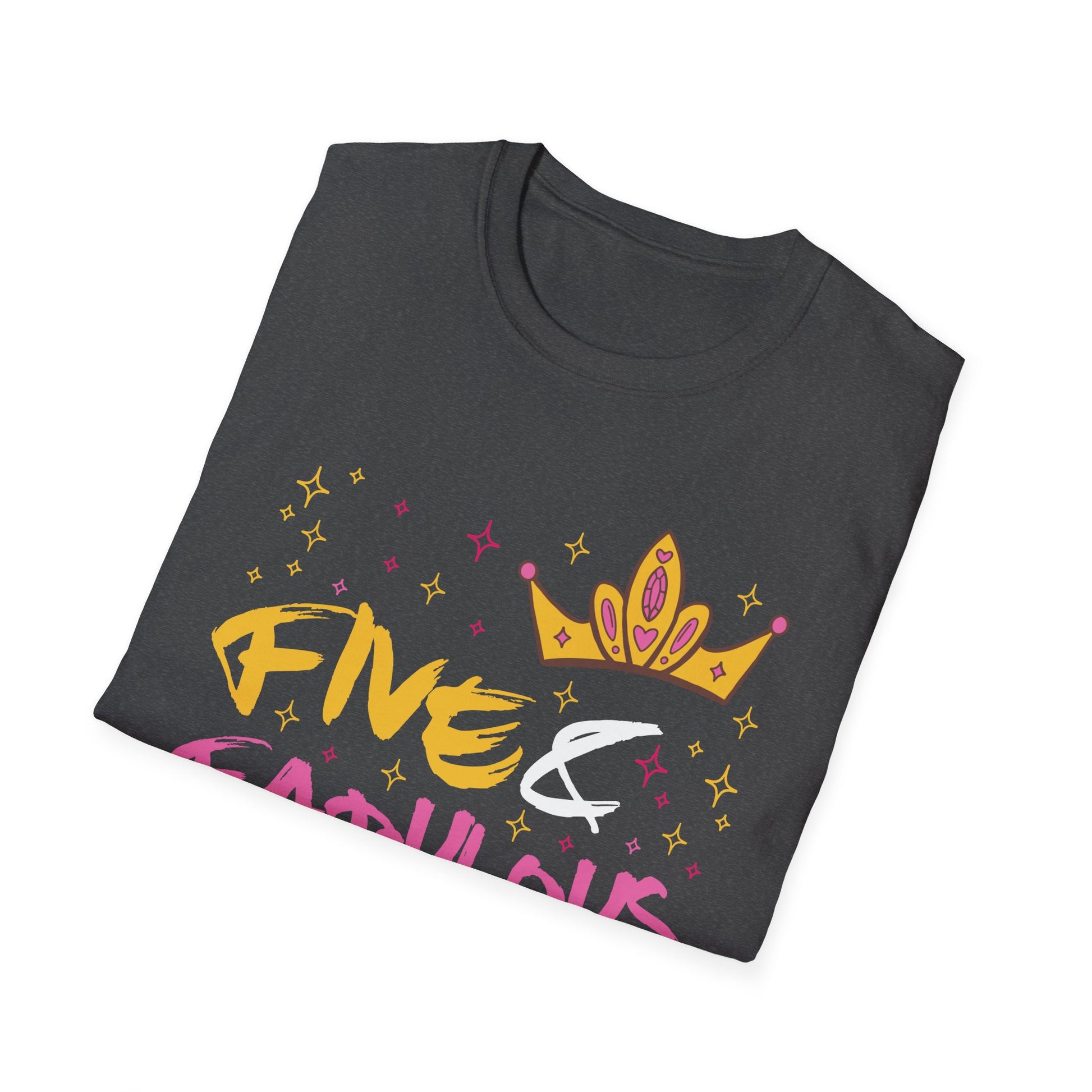 Birthday Tee — "Five & Fabulous" Girls' 5th Birthday T-Shirt with Crown Graphic