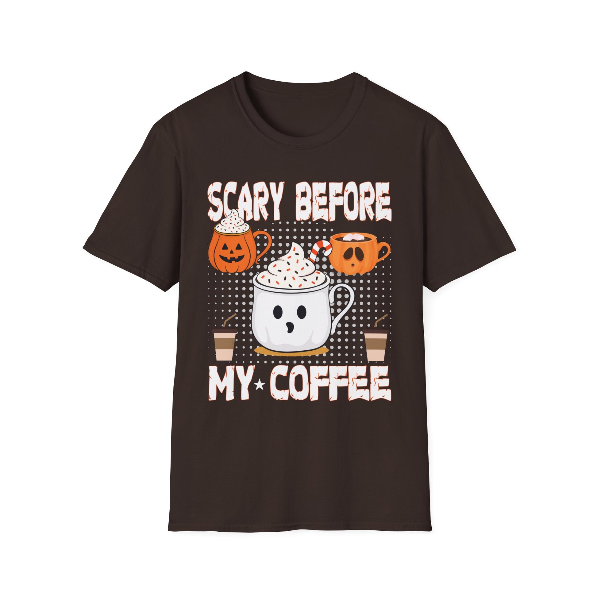 Halloween Coffee T‑Shirt — "Scary Before My Coffee" Cute Pumpkin & Mug Graphic