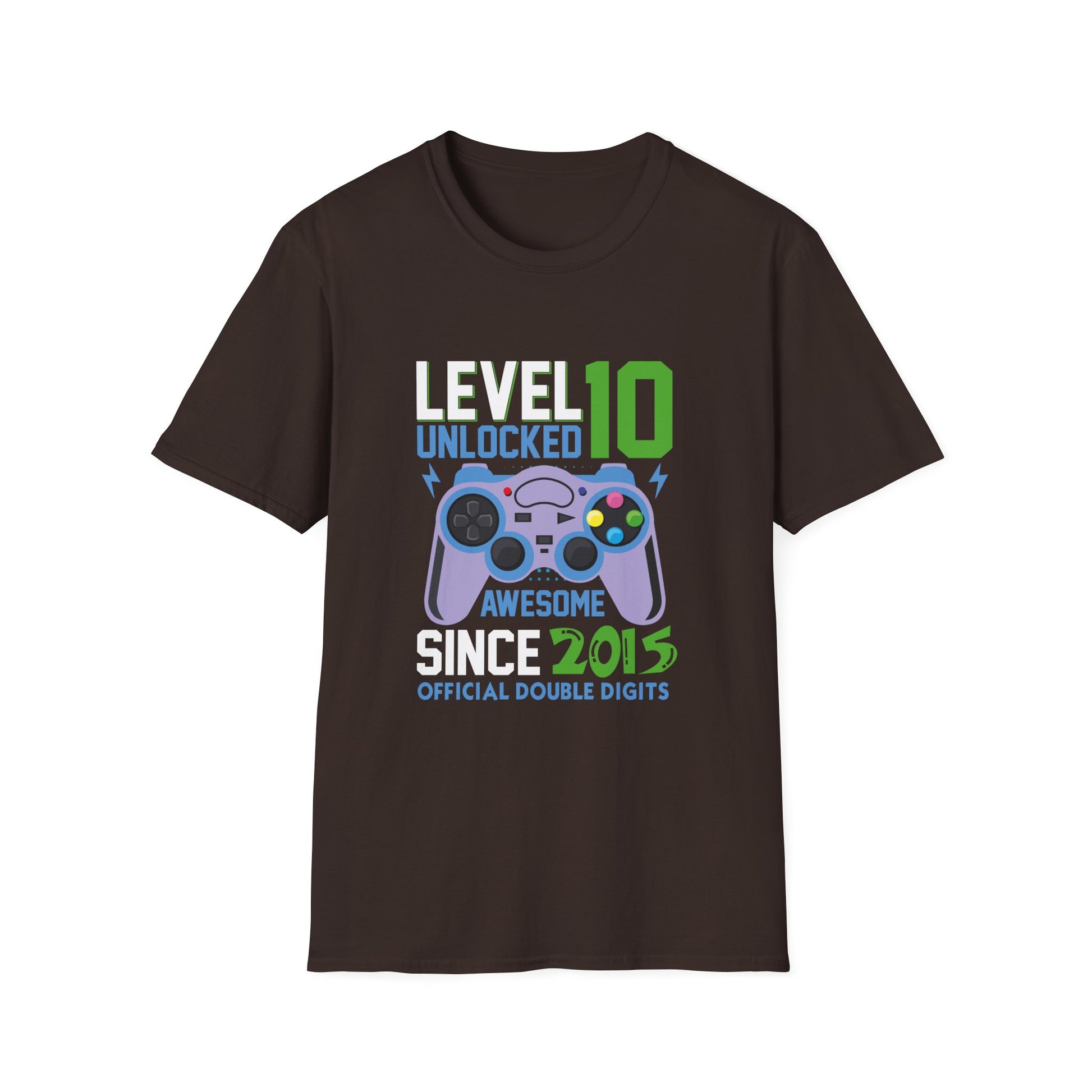 Level 10 Unlocked Since 2015 Gamer T-Shirt — Birthday Gift for 10-Year-Old Kids