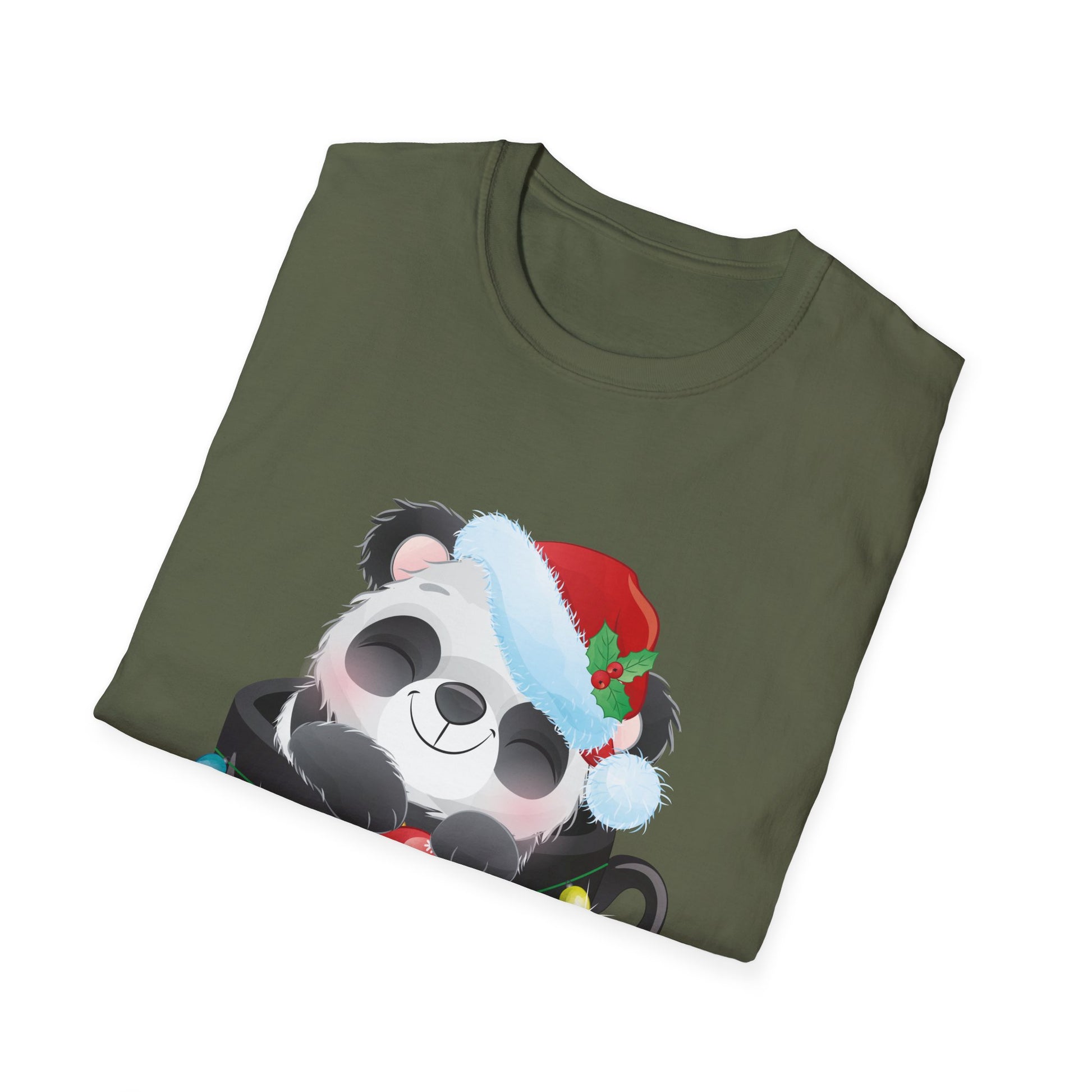 Christmas Panda Tee — Cute Panda in Santa Hat with Holiday Lights