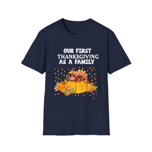 Thanksgiving T-Shirt — “Our First Thanksgiving as a Family” Fall Pumpkin Turkey Tee