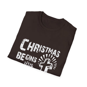 Christmas Begins with Christ T-Shirt — Faith-Based Nativity Cross Holiday Tee