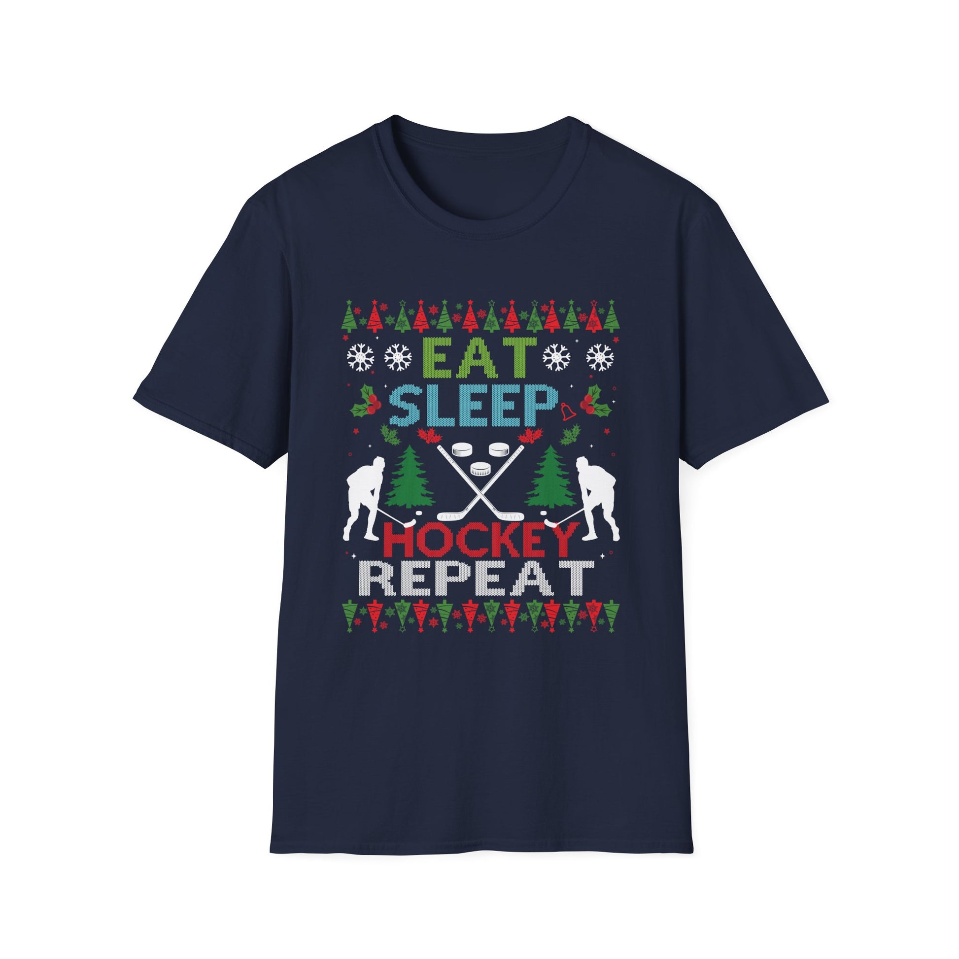 Hockey Christmas T‑Shirt – "Eat Sleep Hockey Repeat" Holiday Tee