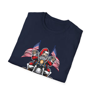 Santa Riding Motorcycle on Christmas - Biker US Flag Unisex Softstyle T-Shirt