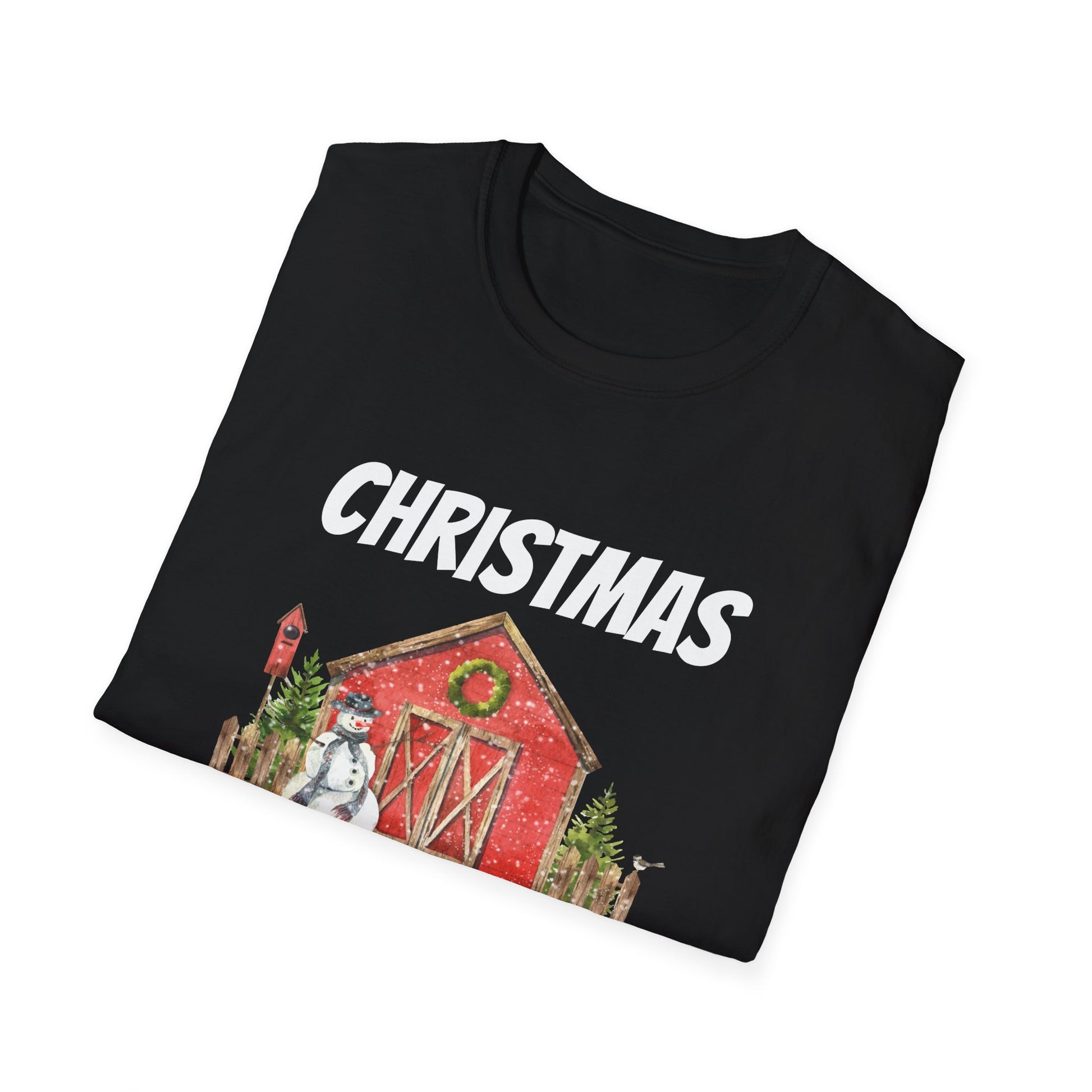 Christmas on the Farm T-Shirt — Holiday Barn & Snowman Farmhouse Tee