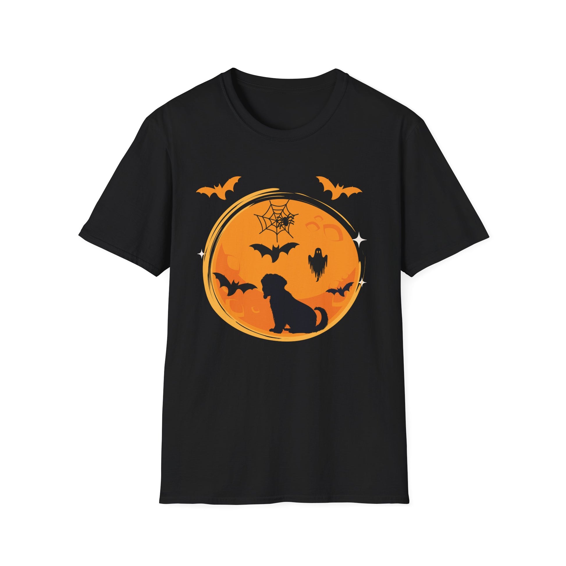 Halloween Dog T-Shirt — Black Moon, Bats & Spiderweb Graphic