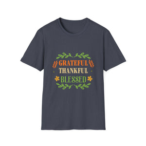 Grateful Thankful Blessed T‑Shirt — Thanksgiving Fall Shirt with Autumn Leaf Design  Unisex T-Shirt