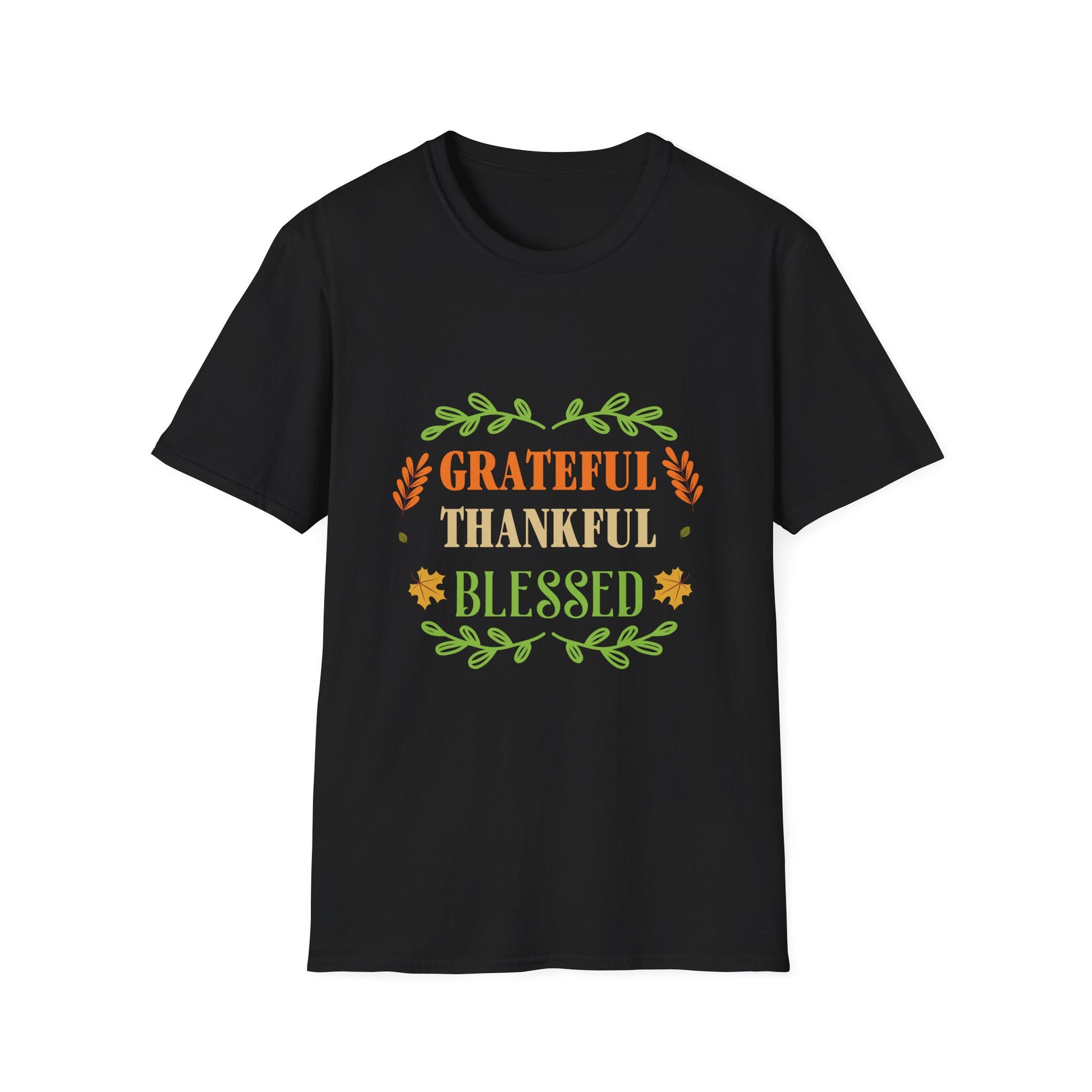 Grateful Thankful Blessed T‑Shirt — Thanksgiving Fall Shirt with Autumn Leaf Design  Unisex T-Shirt