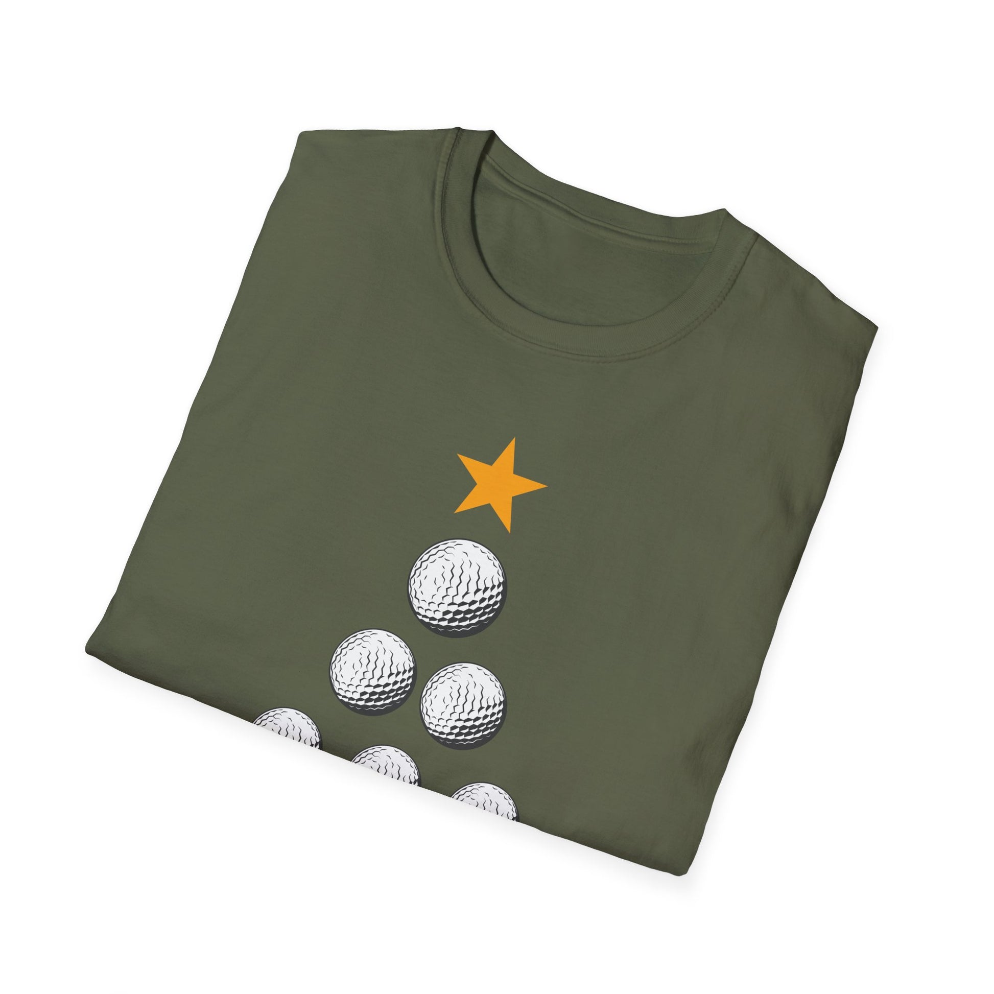 Golf Christmas Tree T-Shirt — Golf Ball Tree with Crossed Clubs Holiday Tee